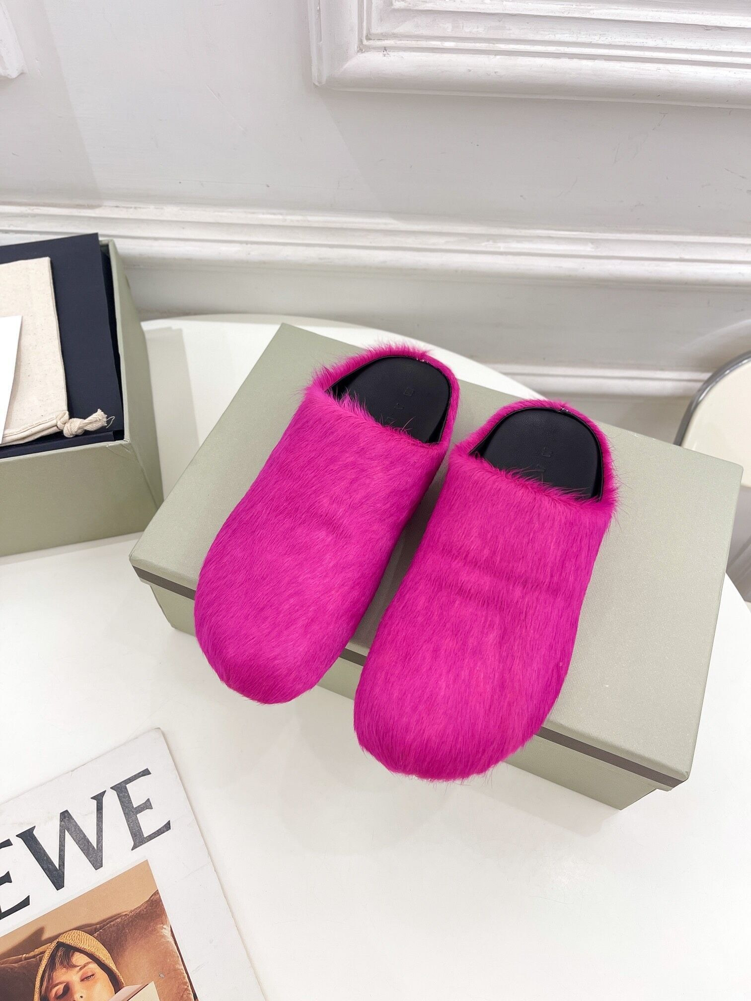 marni calf hair slippers-red
